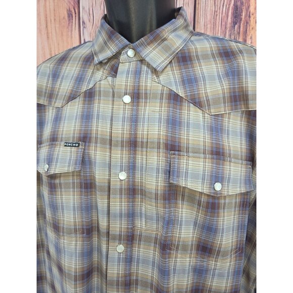 Poncho Mens Western Plaid Pearl Snap Shirt XL Slim Fit Brown/Blue Long Sleeve - Picture 3 of 7